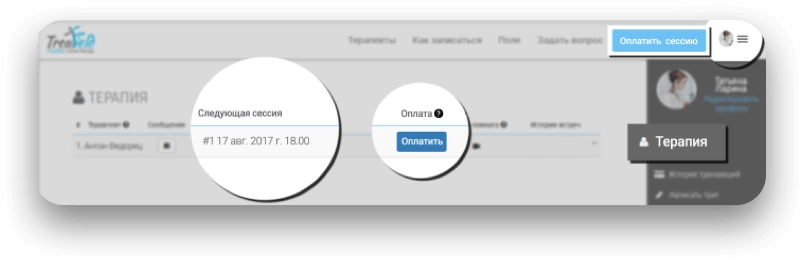 A payment button appears next to the scheduled session in the Therapy section. 